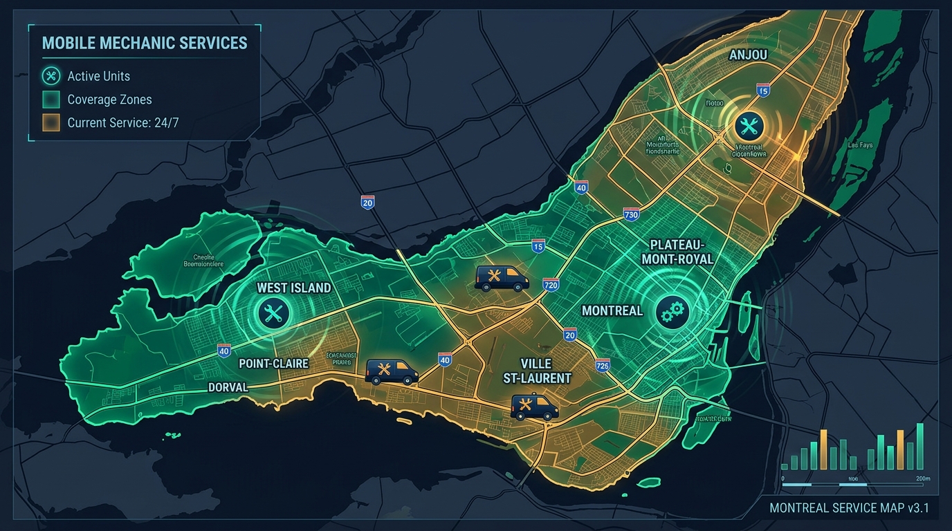 Carte de couverture du service mécanicien mobile sur l'Île de Montréal